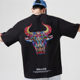 Men Tee Summer Casual Bull head embroidered T-shirt