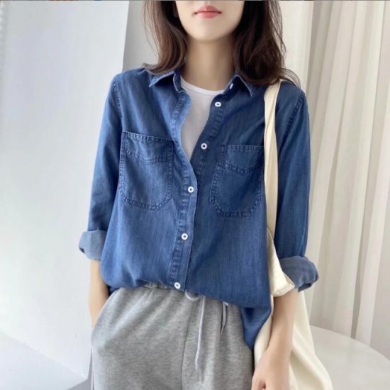 Women Fashion Long Sleeve shirt Summer Casual Denim Tee Shirt